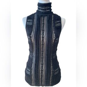 Cinq à Sept Black Lace High Neck Sleeveless Top | Sheer Panel Victorian Style